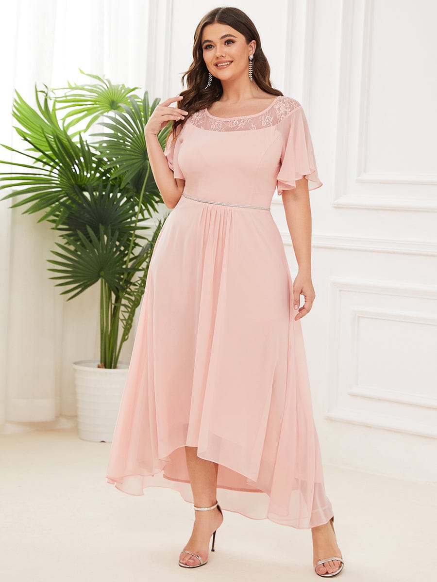 Women's Casual Boat Neck A-Line Midi Dress with Asymmetrical Hems #color_Pink 