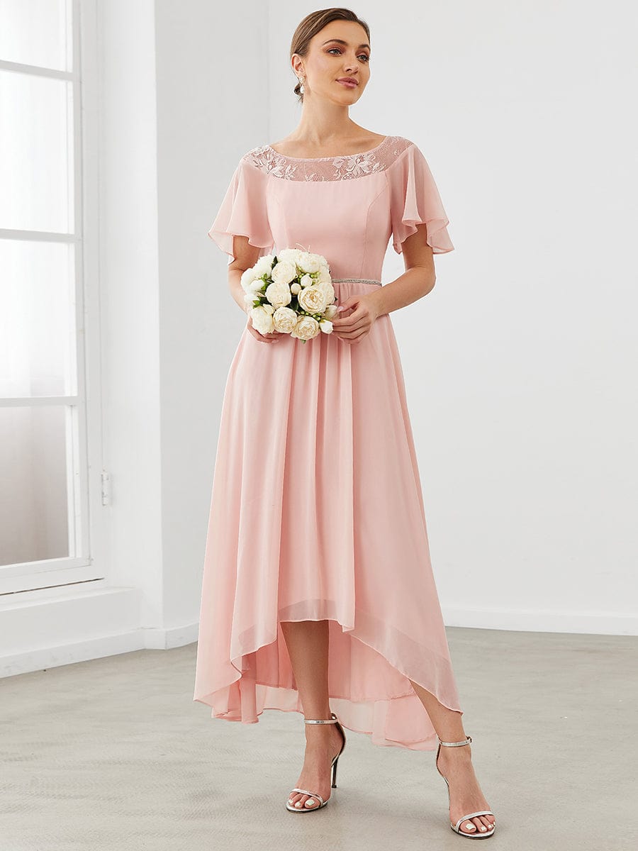 Chiffon Ruffle Sleeves Asymmetrical Hem Mother of the Bride Dress #color_Pink