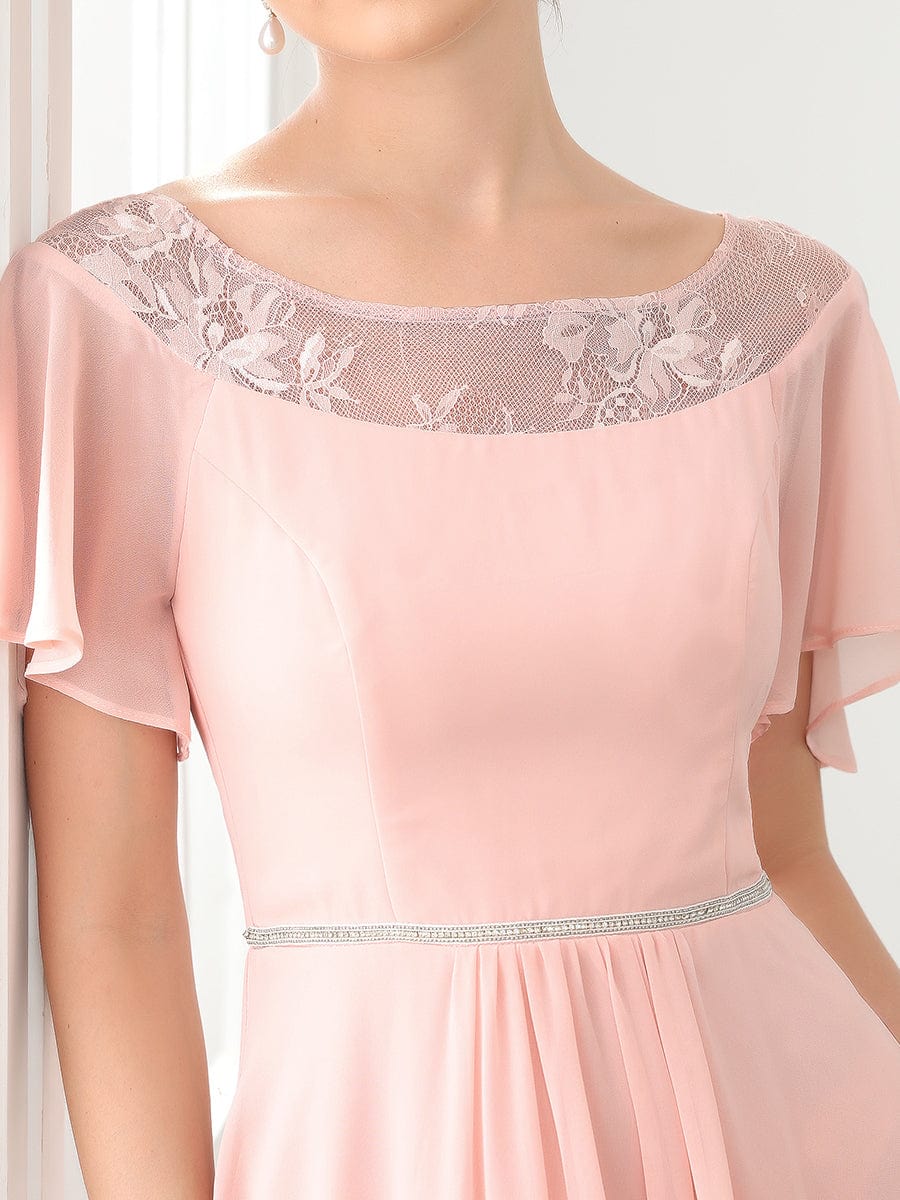 Chiffon Ruffle Sleeves Asymmetrical Hem Mother of the Bride Dress #color_Pink