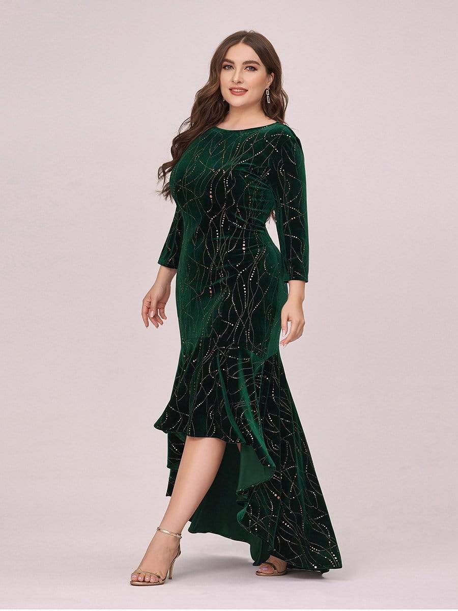 Elegant Plus Size Bodycon High-Low Formal Velvet Party Dress #color_Dark Green 