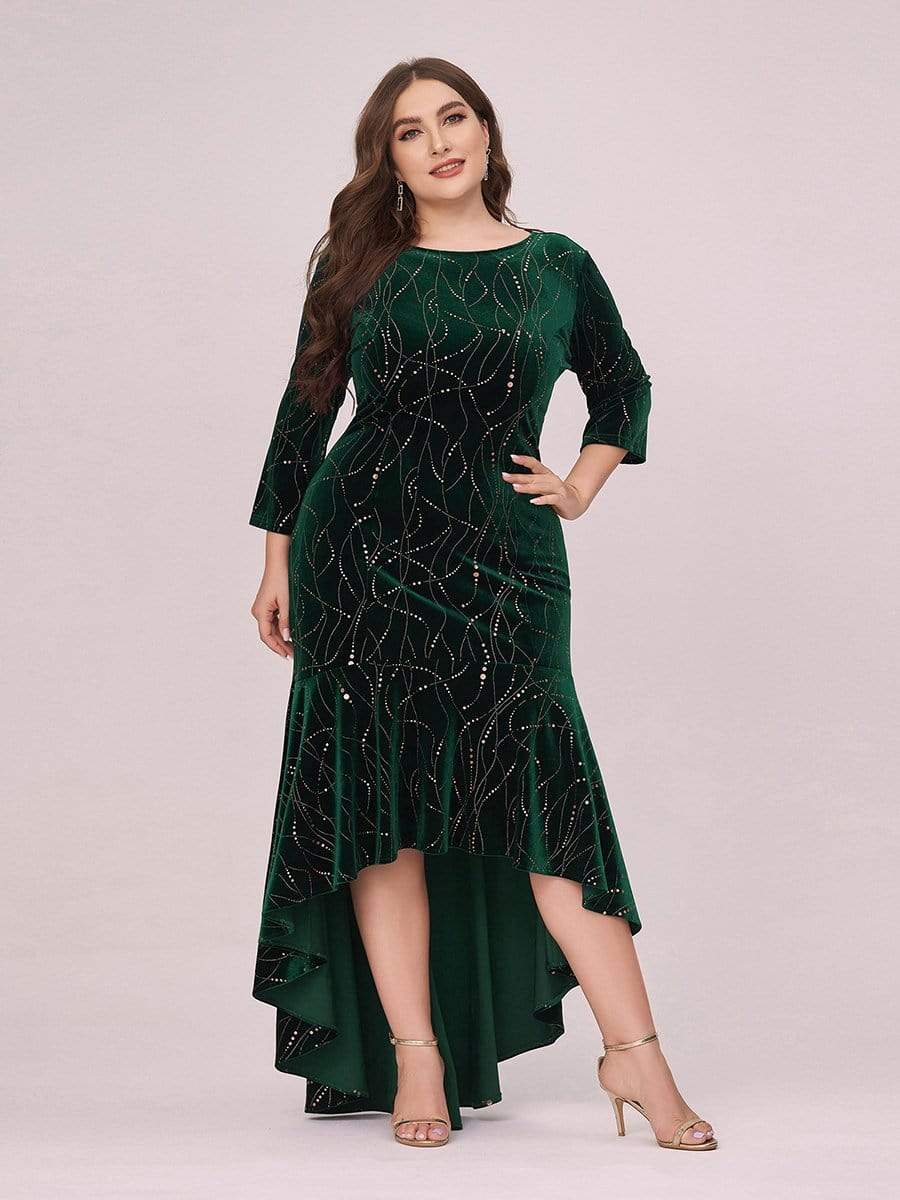 Elegant Plus Size Bodycon High-Low Formal Velvet Party Dress #color_Dark Green 