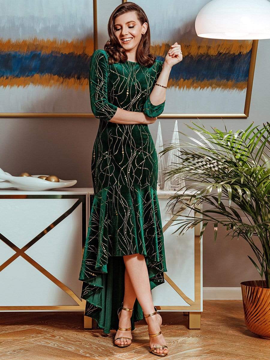 Women's Stylish Bodycon High-Low Velvet Party Dress #color_Dark Green 