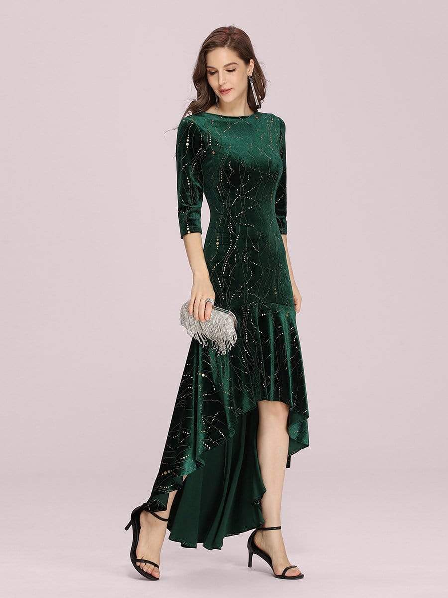 Women's Stylish Bodycon High-Low Velvet Party Dress #color_Dark Green 