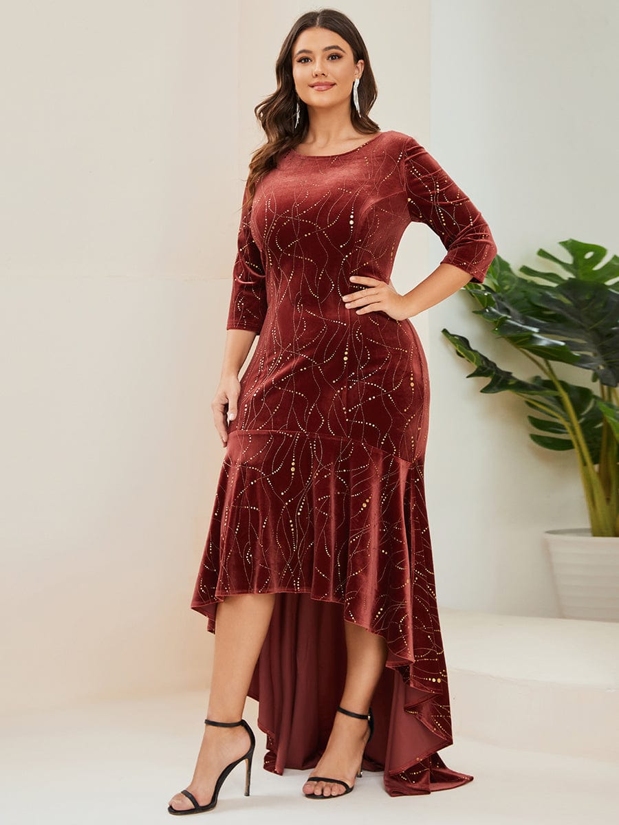 Elegant Plus Size Bodycon High-Low Formal Velvet Party Dress #color_Brick Red