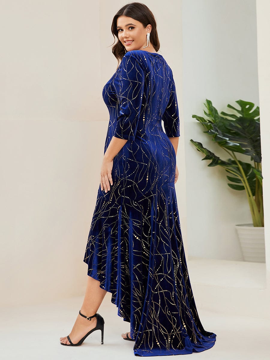 Elegant Plus Size Bodycon High-Low Formal Velvet Party Dress #color_Royal Blue