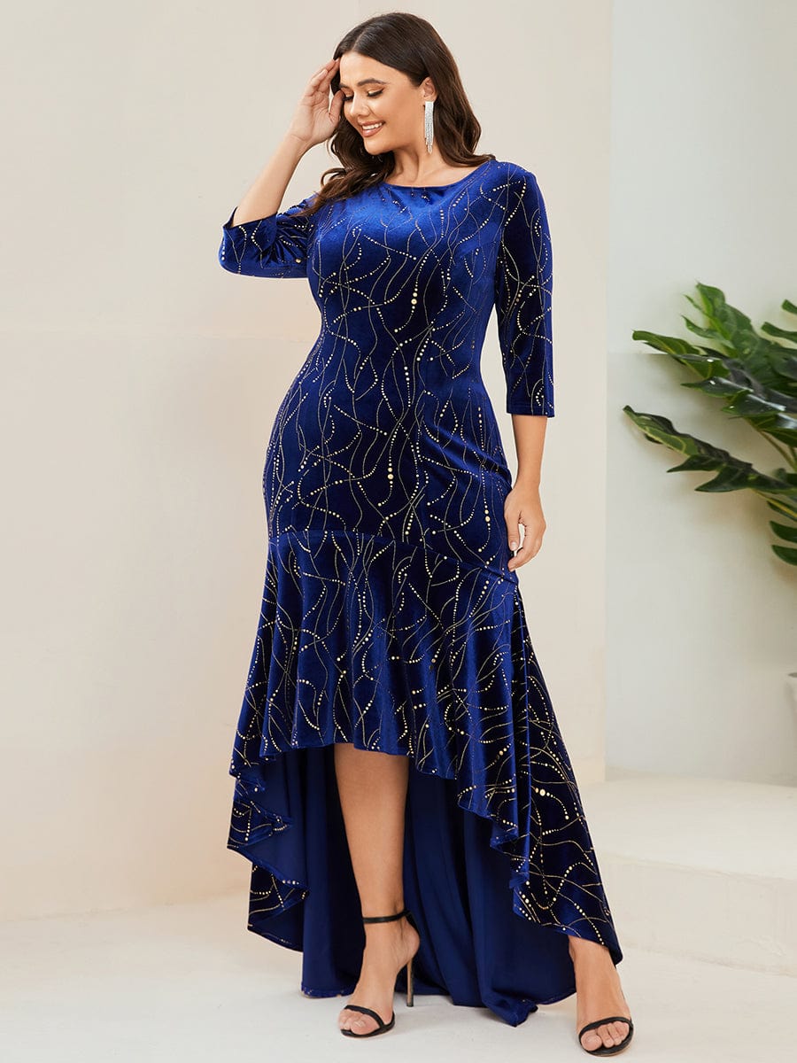 Elegant Plus Size Bodycon High-Low Formal Velvet Party Dress #color_Royal Blue