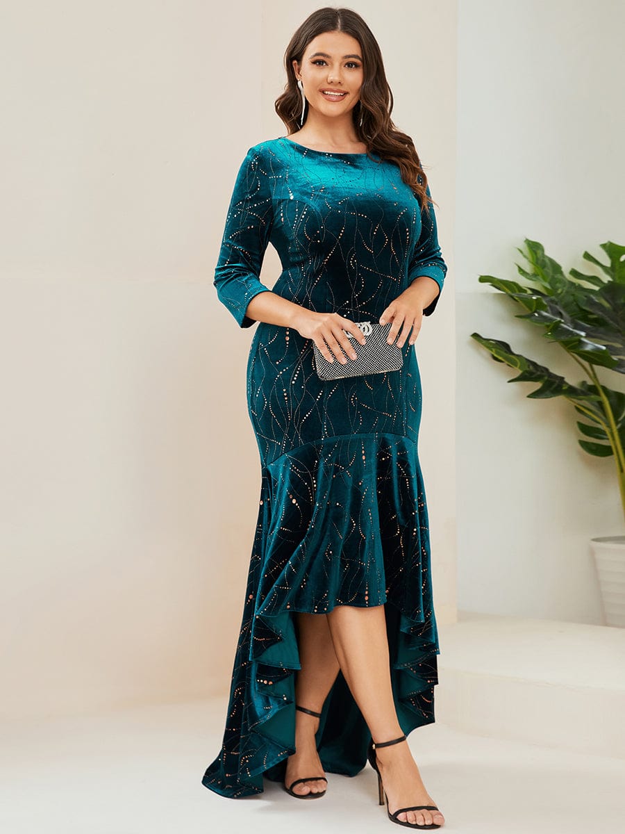 Elegant Plus Size Bodycon High-Low Formal Velvet Party Dress #color_Teal