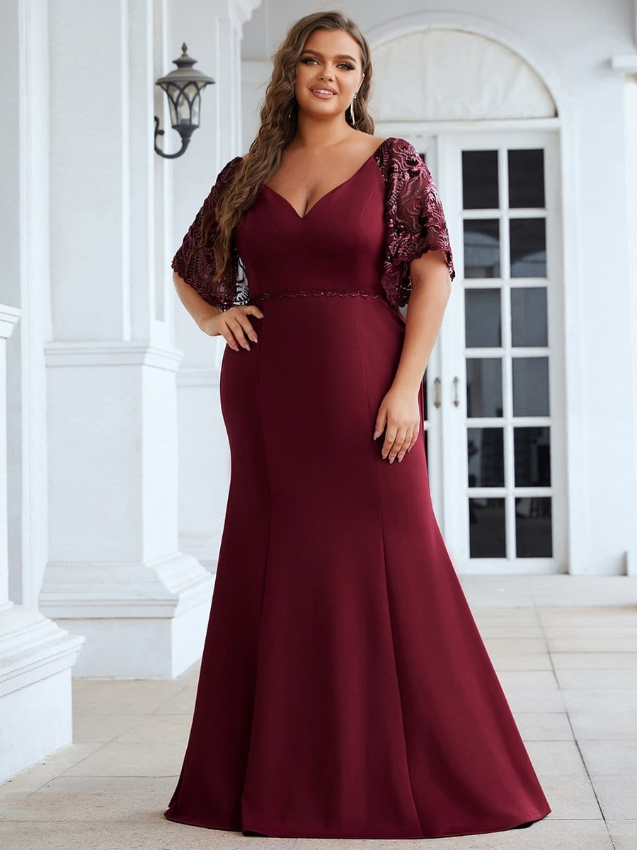 Sexy V Neck Maxi Bodycon Party Dress with Flare Sleeves #Color_Burgundy