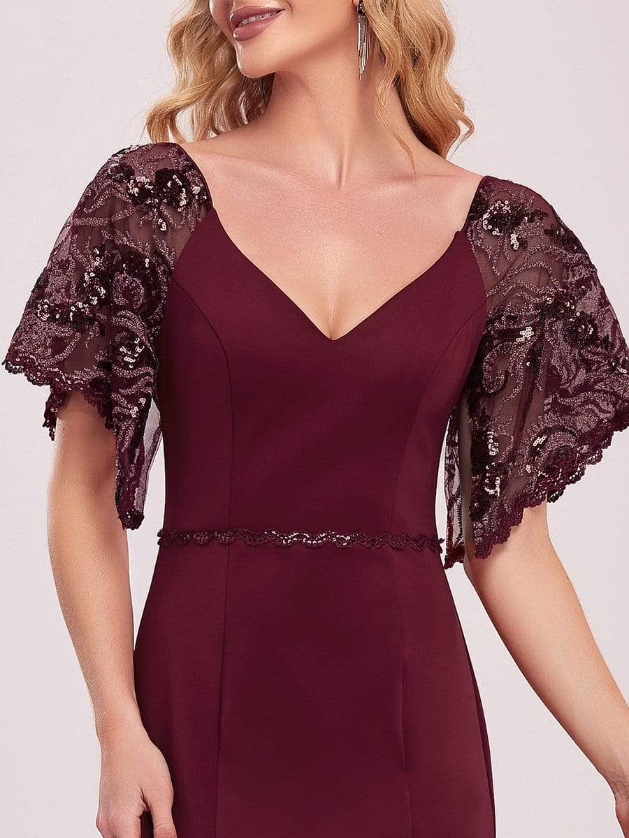 Sexy V Neck Maxi Bodycon Party Dress with Flare Sleeves #Color_Burgundy