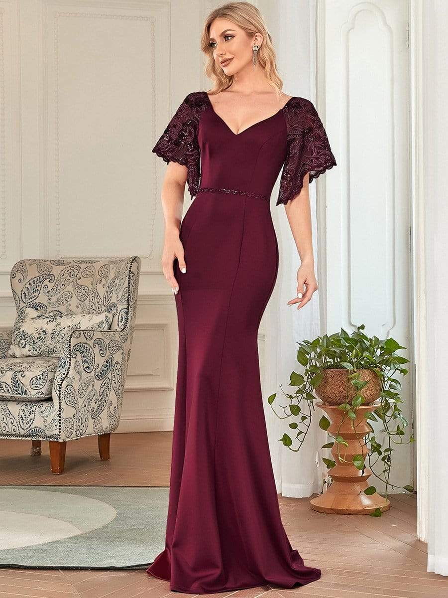 Sexy V Neck Maxi Bodycon Party Dress with Flare Sleeves #Color_Burgundy