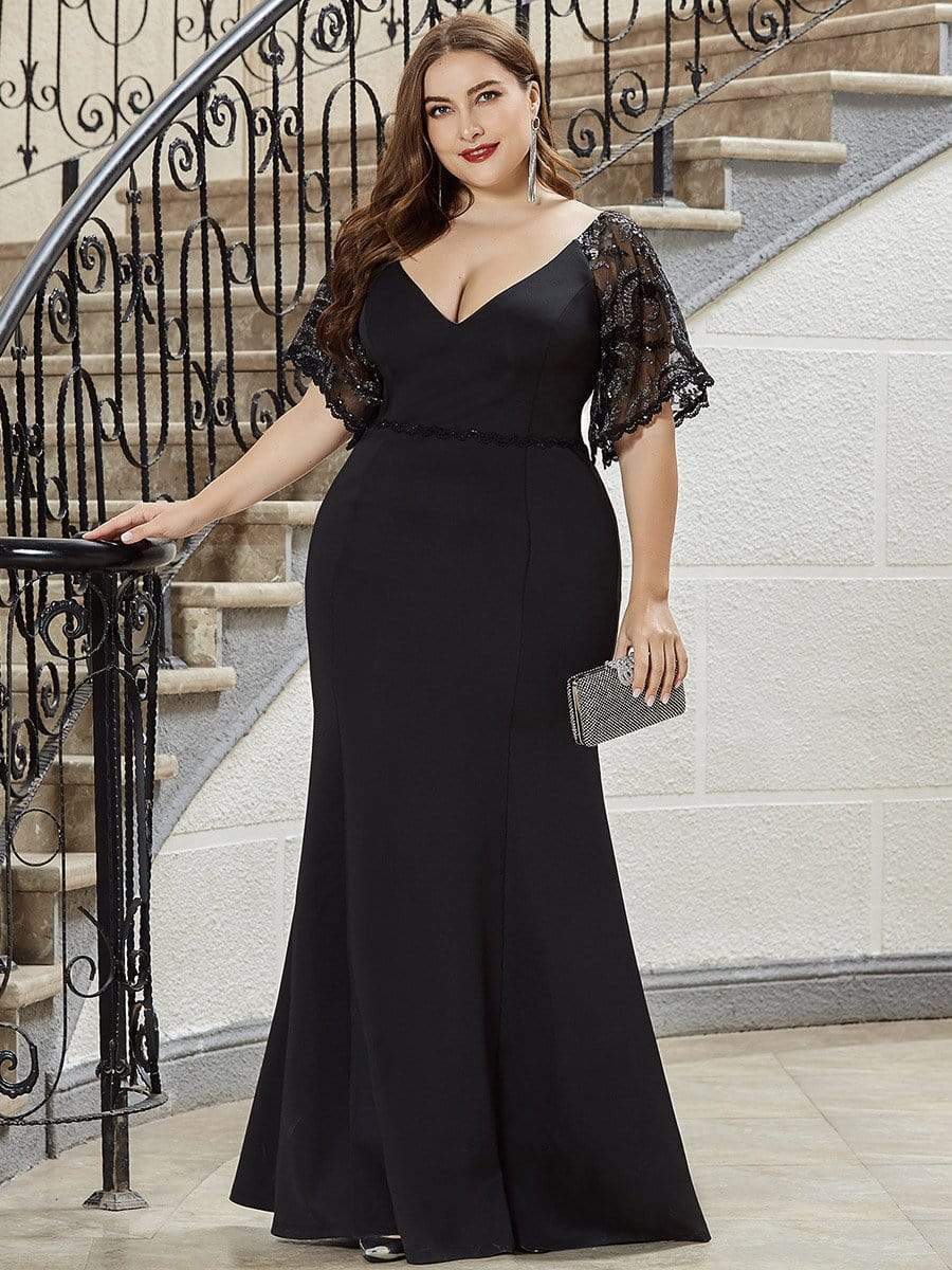 Sexy Plus Size Evening Dresses | Mermaid V neck with Lace Sleeves -  Ever-Pretty US