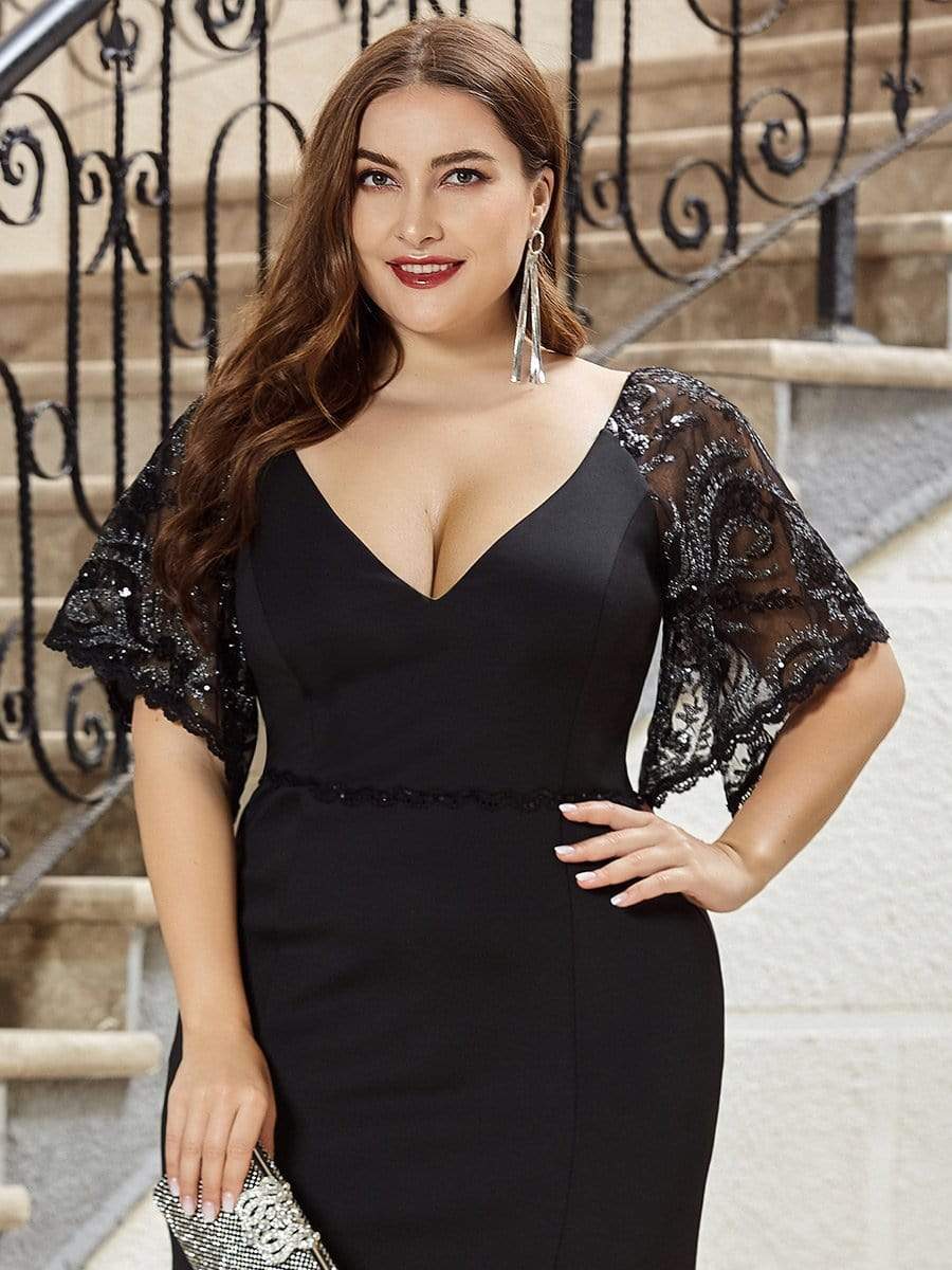 Sexy Plus Size Evening Dresses Mermaid V neck with Lace Sleeves Ever Pretty US