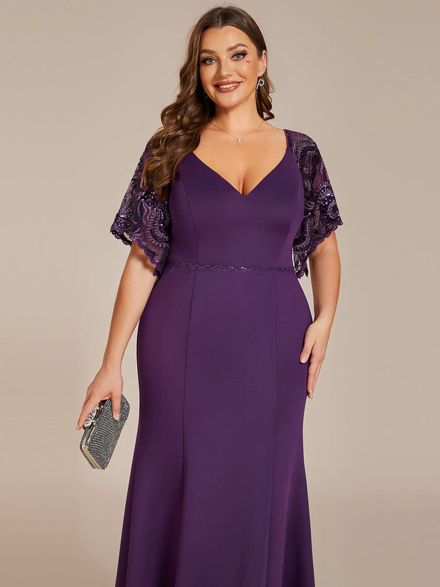 Sexy V Neck Maxi Bodycon Party Dress with Flare Sleeves #Color_Dark Purple