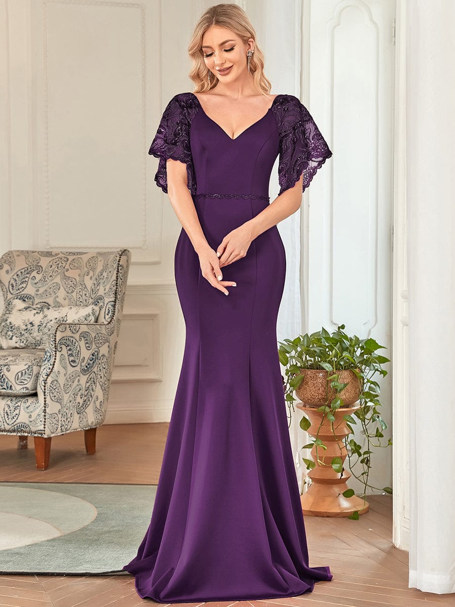 Sexy V Neck Maxi Bodycon Party Dress with Flare Sleeves #Color_Dark Purple