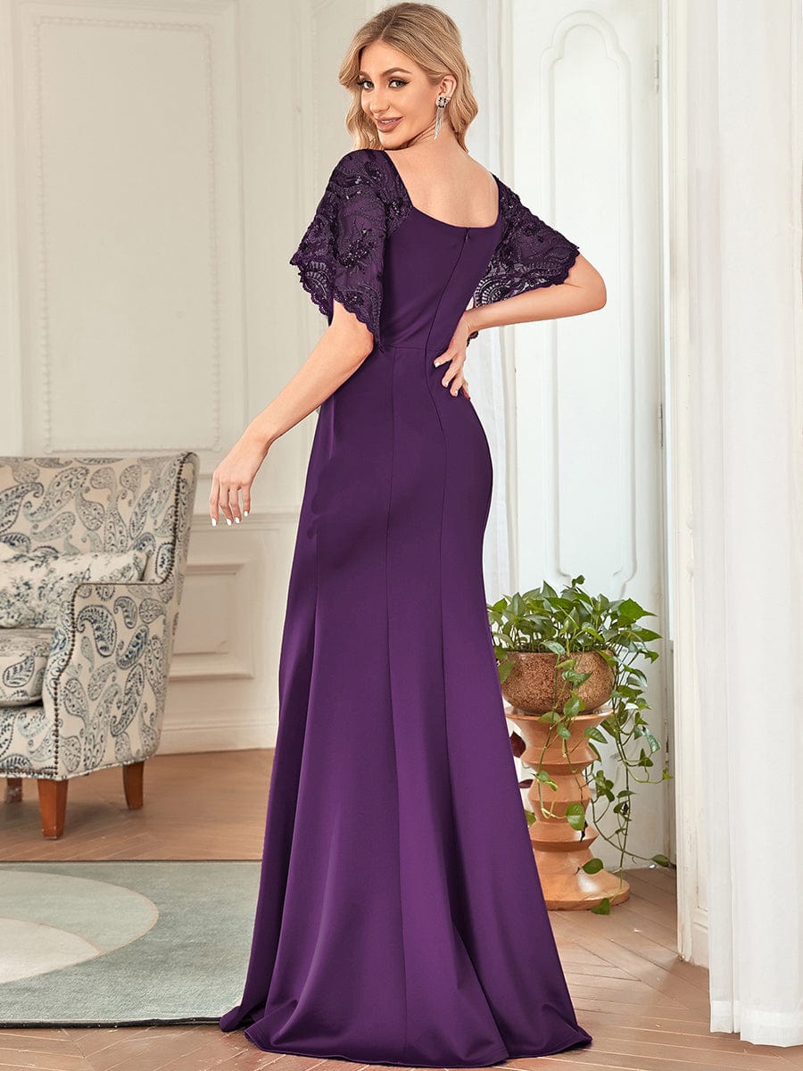 Sexy V Neck Maxi Bodycon Party Dress with Flare Sleeves #Color_Dark Purple