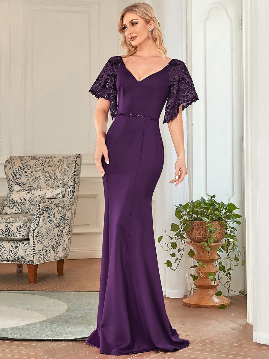 Sexy V Neck Maxi Bodycon Party Dress with Flare Sleeves #Color_Dark Purple