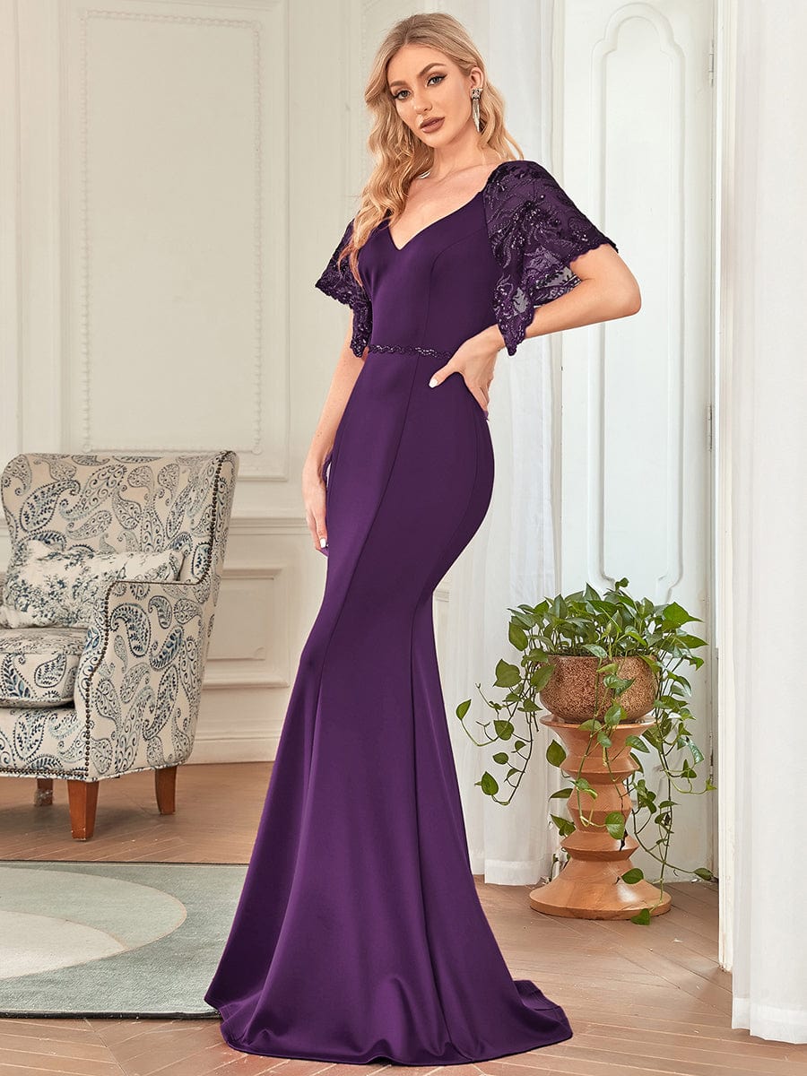 Sexy V Neck Maxi Bodycon Party Dress with Flare Sleeves #Color_Dark Purple