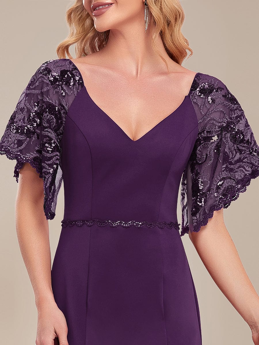 Sexy V Neck Maxi Bodycon Party Dress with Flare Sleeves #Color_Dark Purple