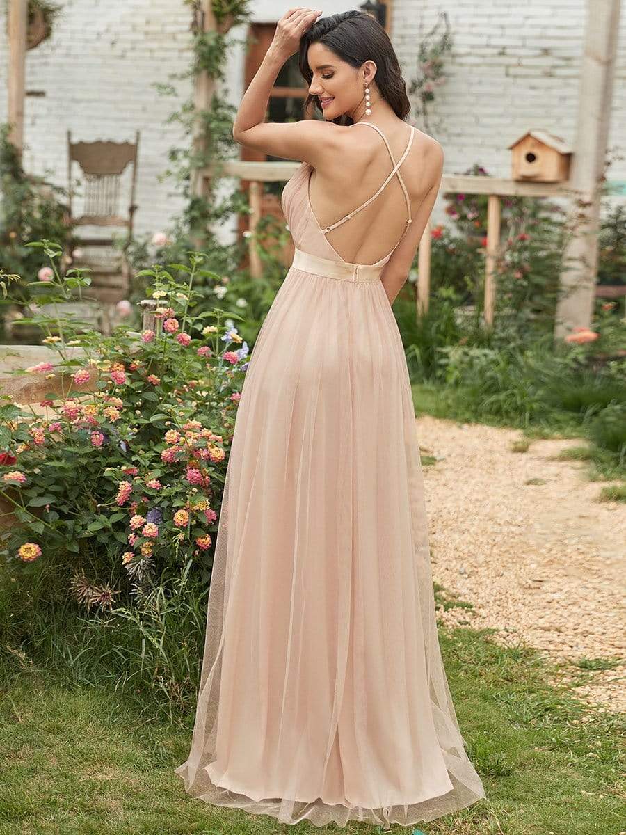 Sexy V-neck Open Back Pleated Maxi Tulle Evening Dresses #color_Blush 