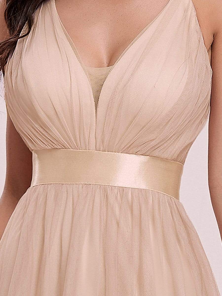 Sexy V-neck Open Back Pleated Maxi Tulle Evening Dresses #color_Blush 