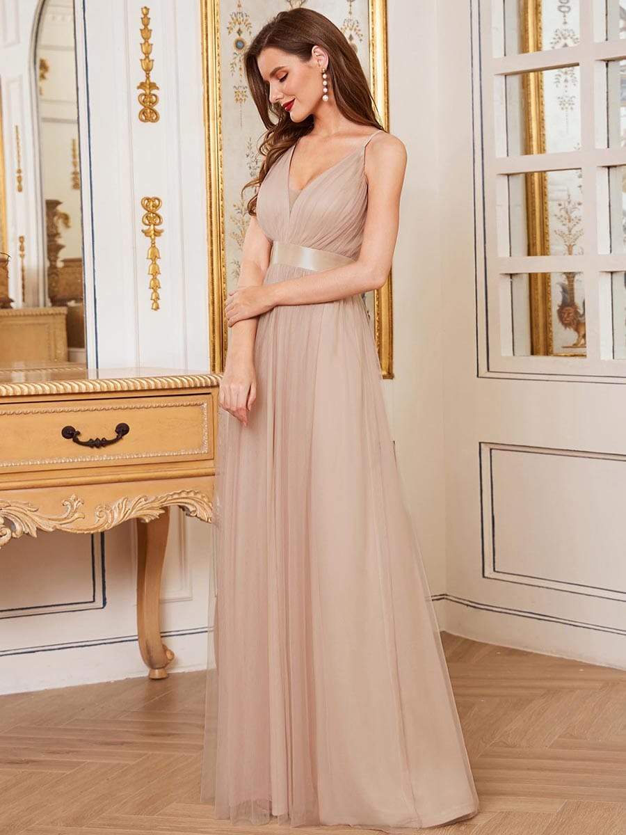 Sexy V-neck Open Back Pleated Maxi Tulle Evening Dresses #color_Blush 