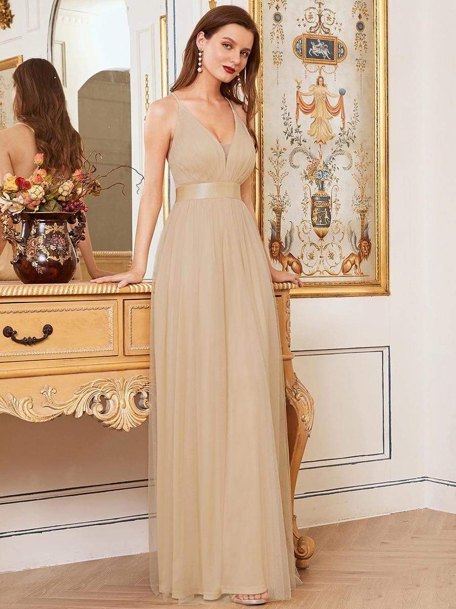 Sexy V-neck Open Back Pleated Maxi Tulle Evening Dresses #color_Gold 