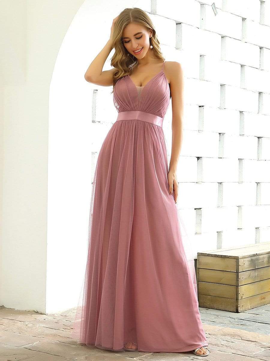 Sexy V-neck Open Back Pleated Maxi Tulle Evening Dresses #color_Purple Orchid 