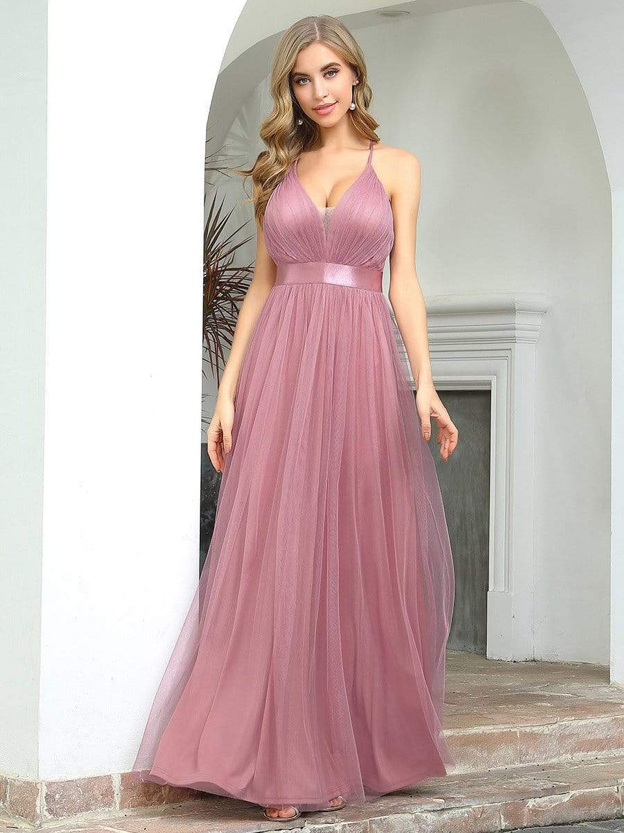 Sexy V-neck Open Back Pleated Maxi Tulle Evening Dresses #color_Purple Orchid 