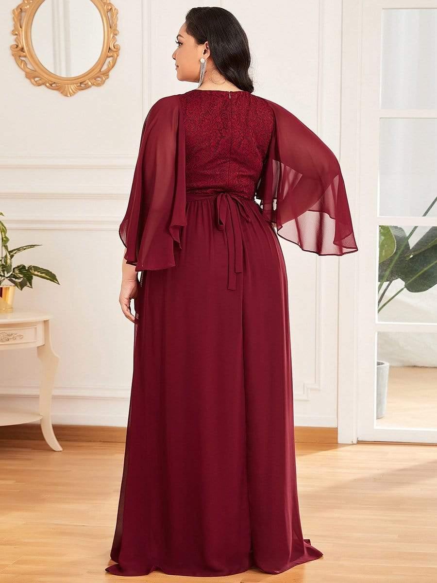 Custom Size Deep V Neck Lace Bodice Long Flowy Evening Dress #color_Burgundy 