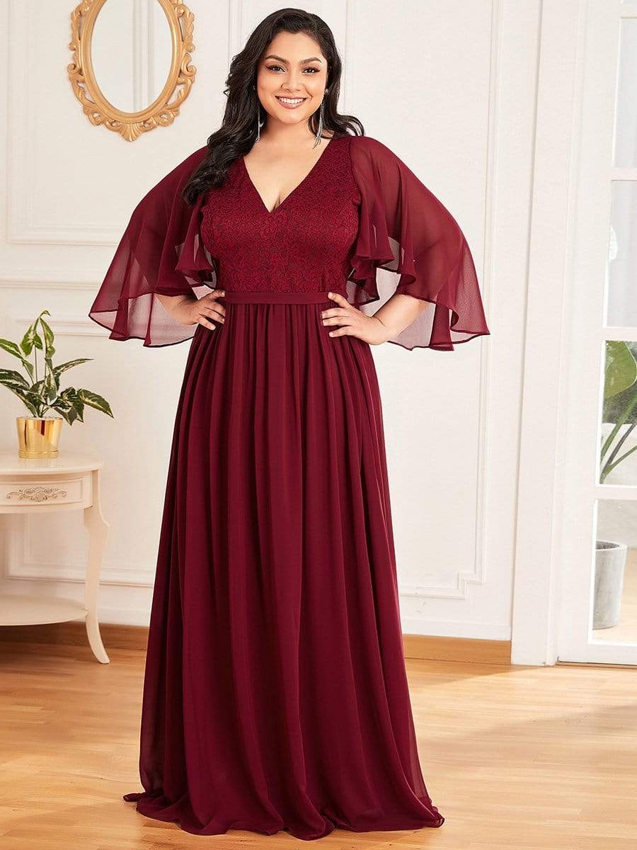 Custom Size Deep V Neck Lace Bodice Long Flowy Evening Dress #color_Burgundy 