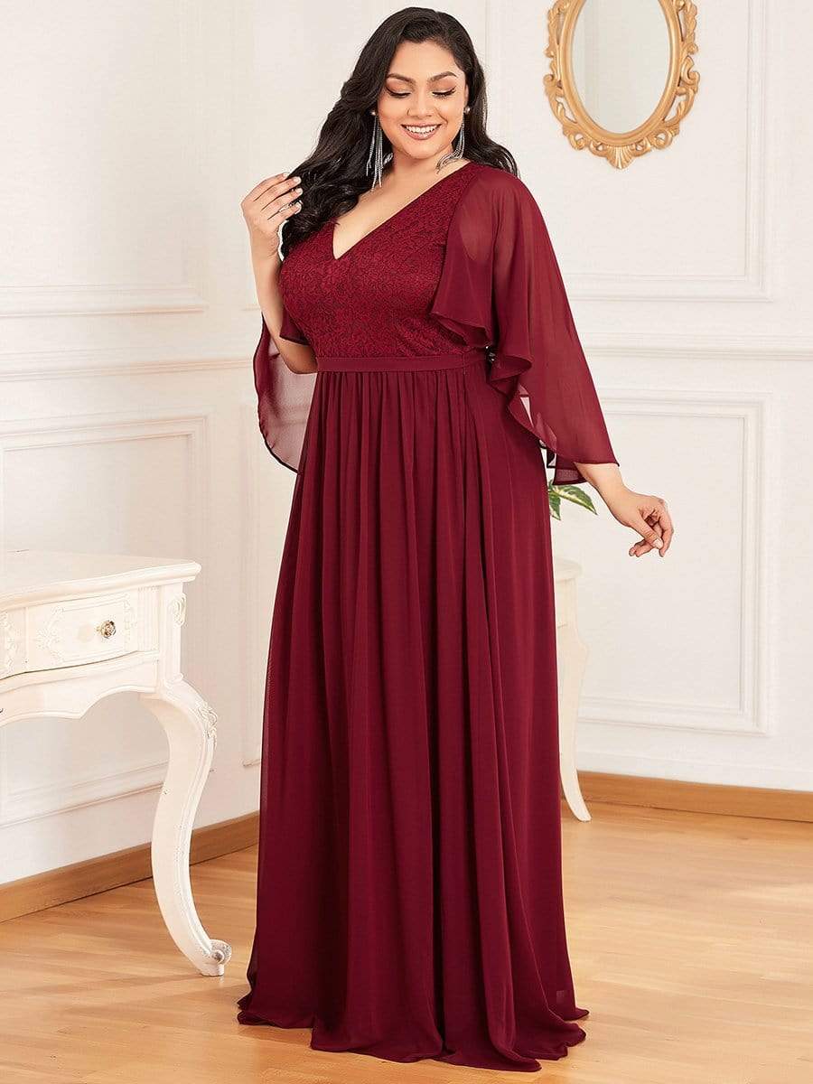 Custom Size Deep V Neck Lace Bodice Long Flowy Evening Dress #color_Burgundy 