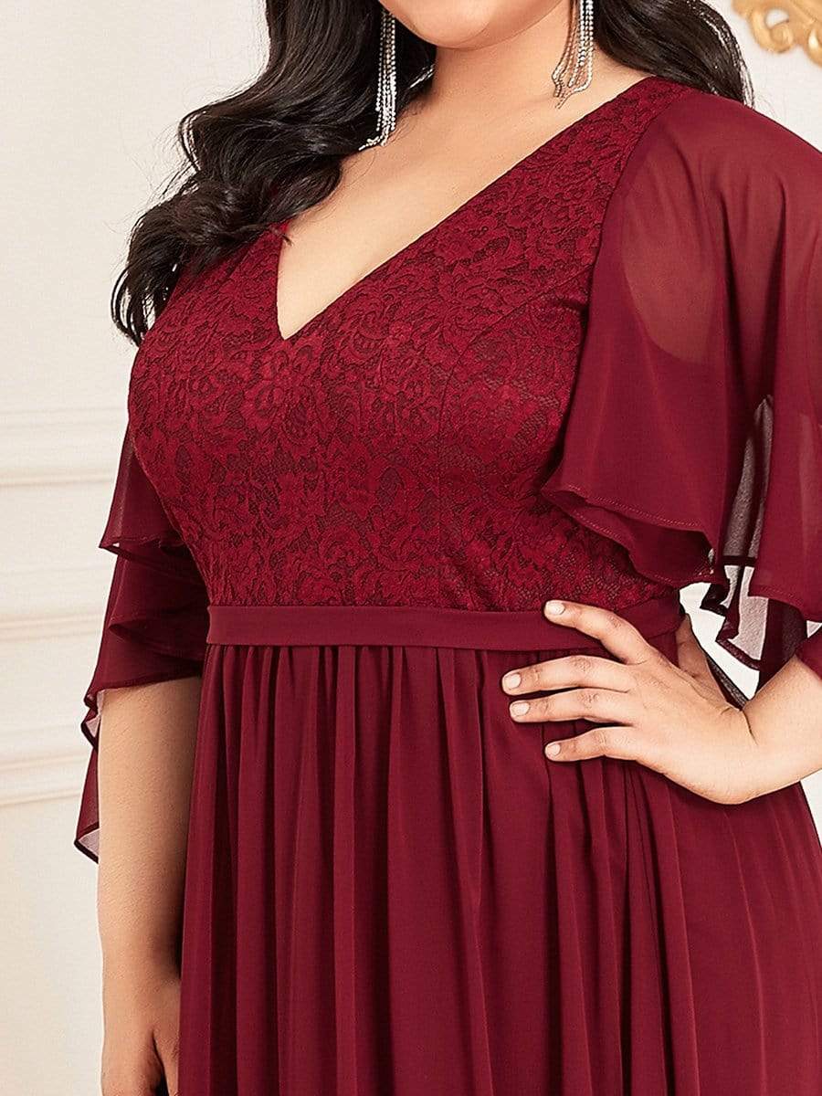 Custom Size Deep V Neck Lace Bodice Long Flowy Evening Dress #color_Burgundy 