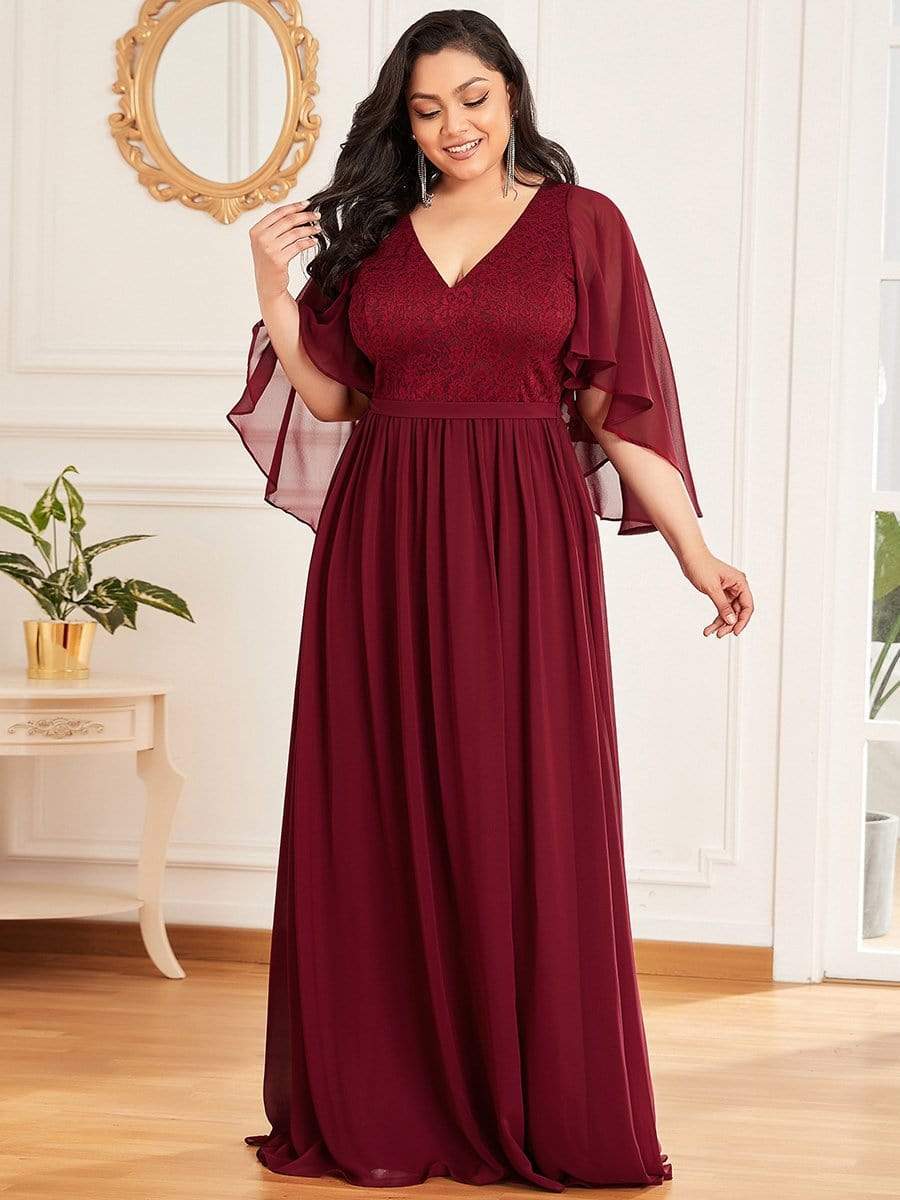 Custom Size Deep V Neck Lace Bodice Long Flowy Evening Dress #color_Burgundy 