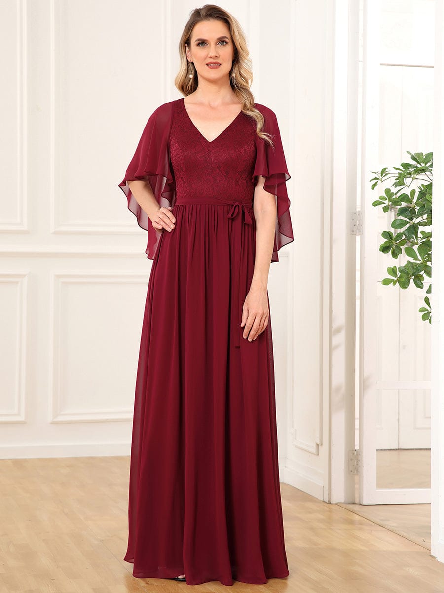 Deep V Neck Lace Bodice Long Flowy Evening Dress #color_Burgundy