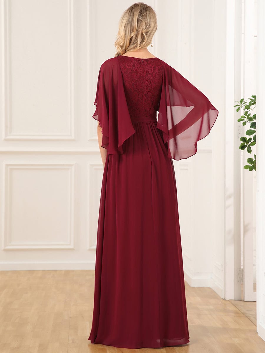 Deep V Neck Lace Bodice Long Flowy Evening Dress #color_Burgundy