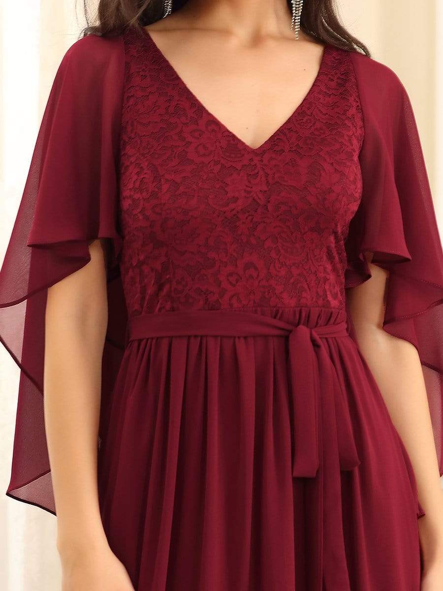 Deep V Neck Lace Bodice Long Flowy Evening Dress #color_Burgundy 