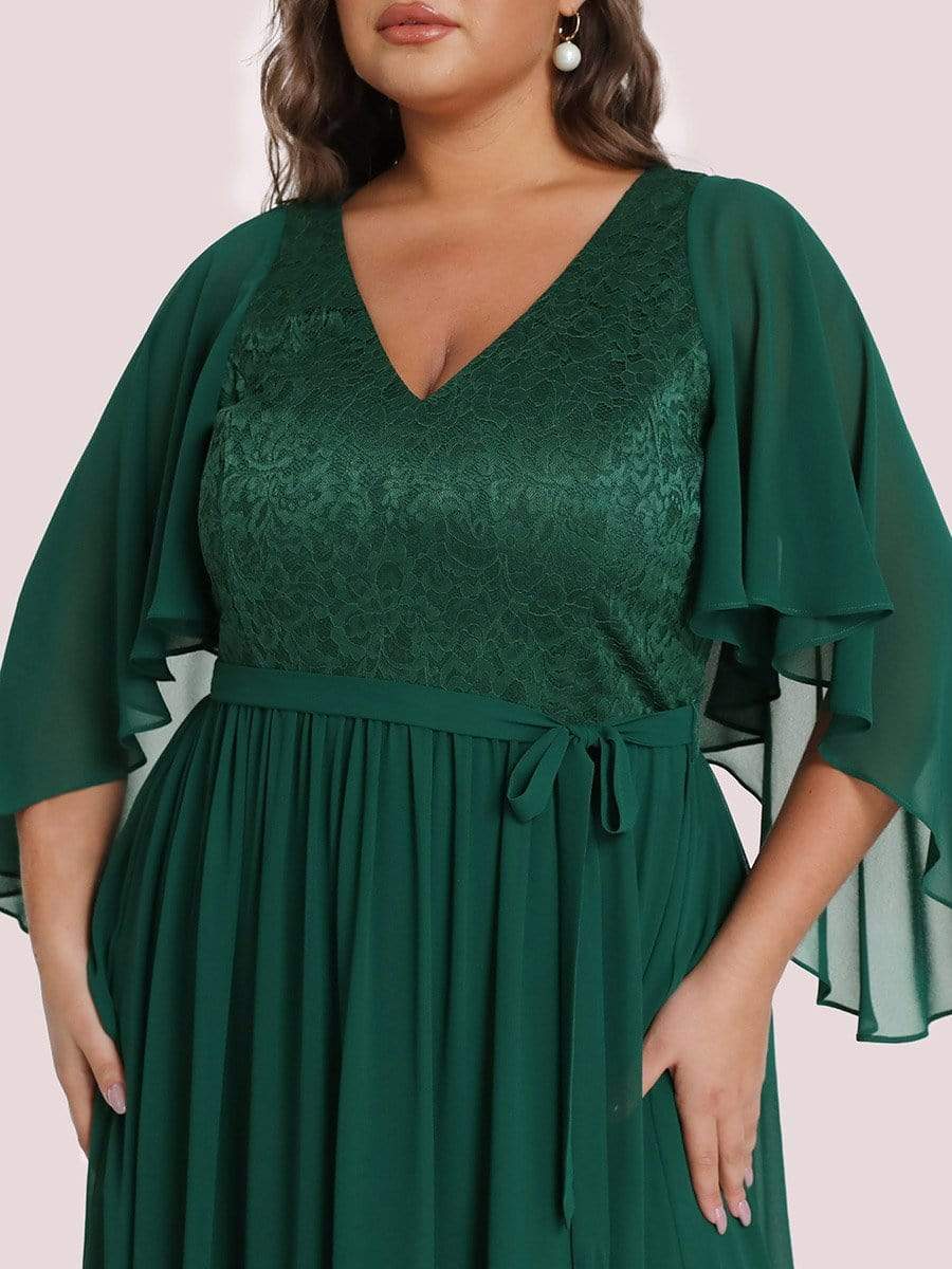 Custom Size Deep V Neck Lace Bodice Long Flowy Evening Dress #color_Dark Green 