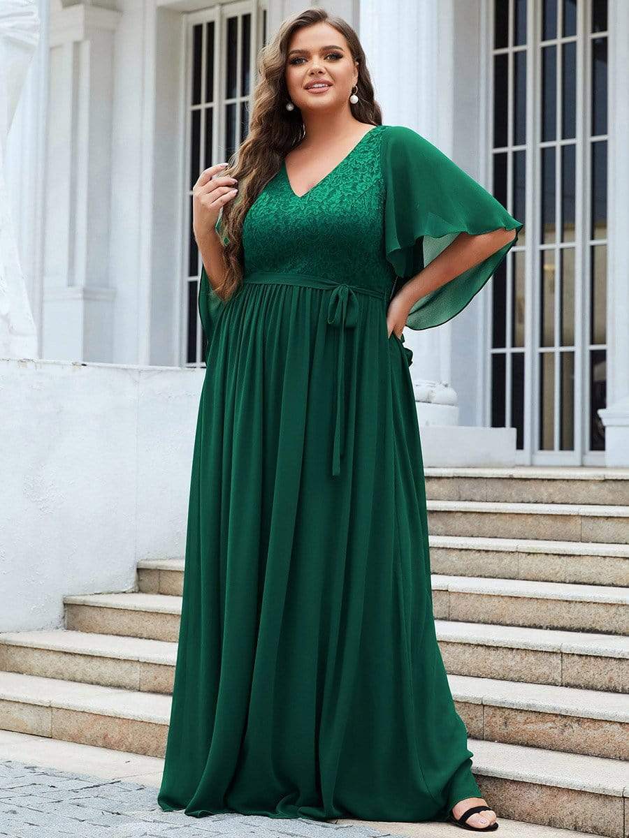 Custom Size Deep V Neck Lace Bodice Long Flowy Evening Dress #color_Dark Green 