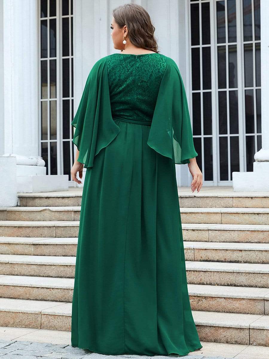 Deep V Neck Lace Bodice Long Flowy Evening Dress #color_Dark Green 