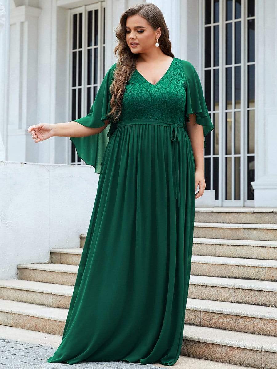 Custom Size Deep V Neck Lace Bodice Long Flowy Evening Dress #color_Dark Green 