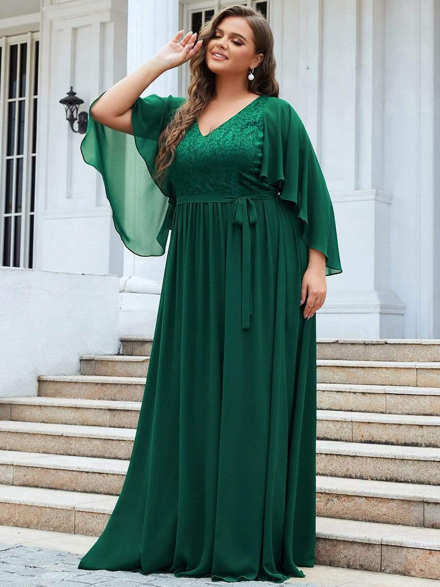 Custom Size Deep V Neck Lace Bodice Long Flowy Evening Dress #color_Dark Green 