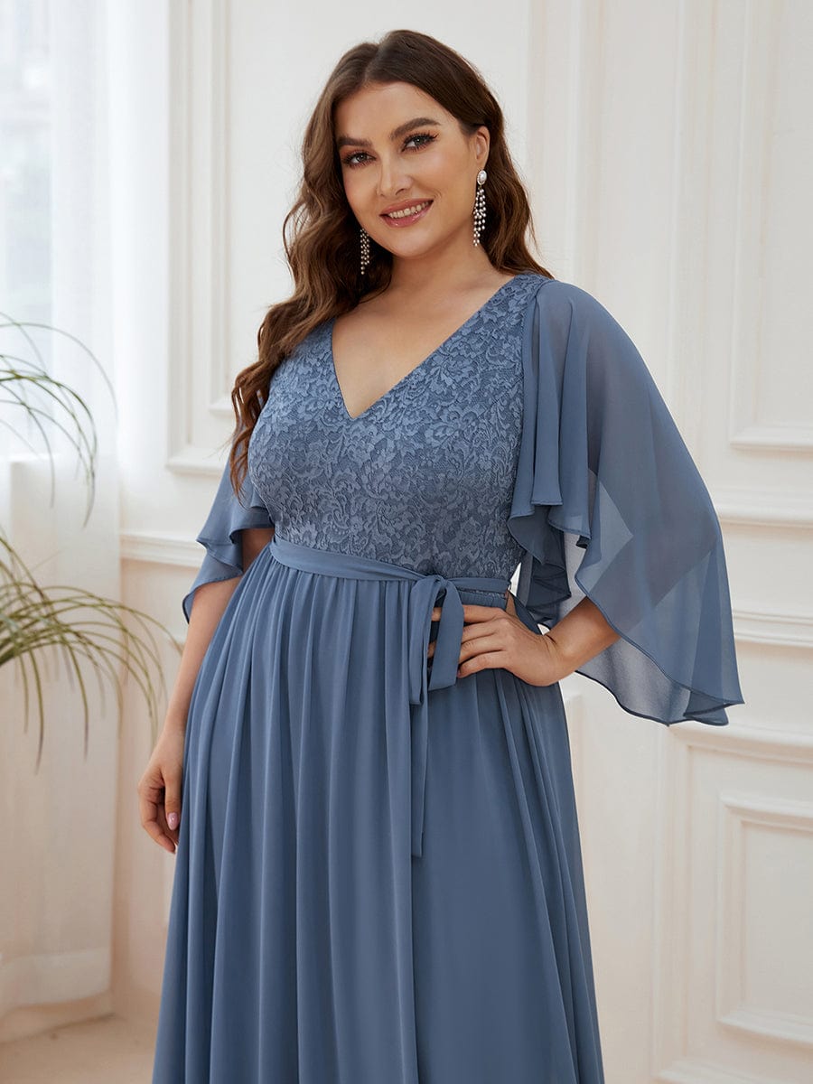 Plus Size Deep V Neck Lace Bodice Long Flowy Evening Dress #color_Dusty Navy 