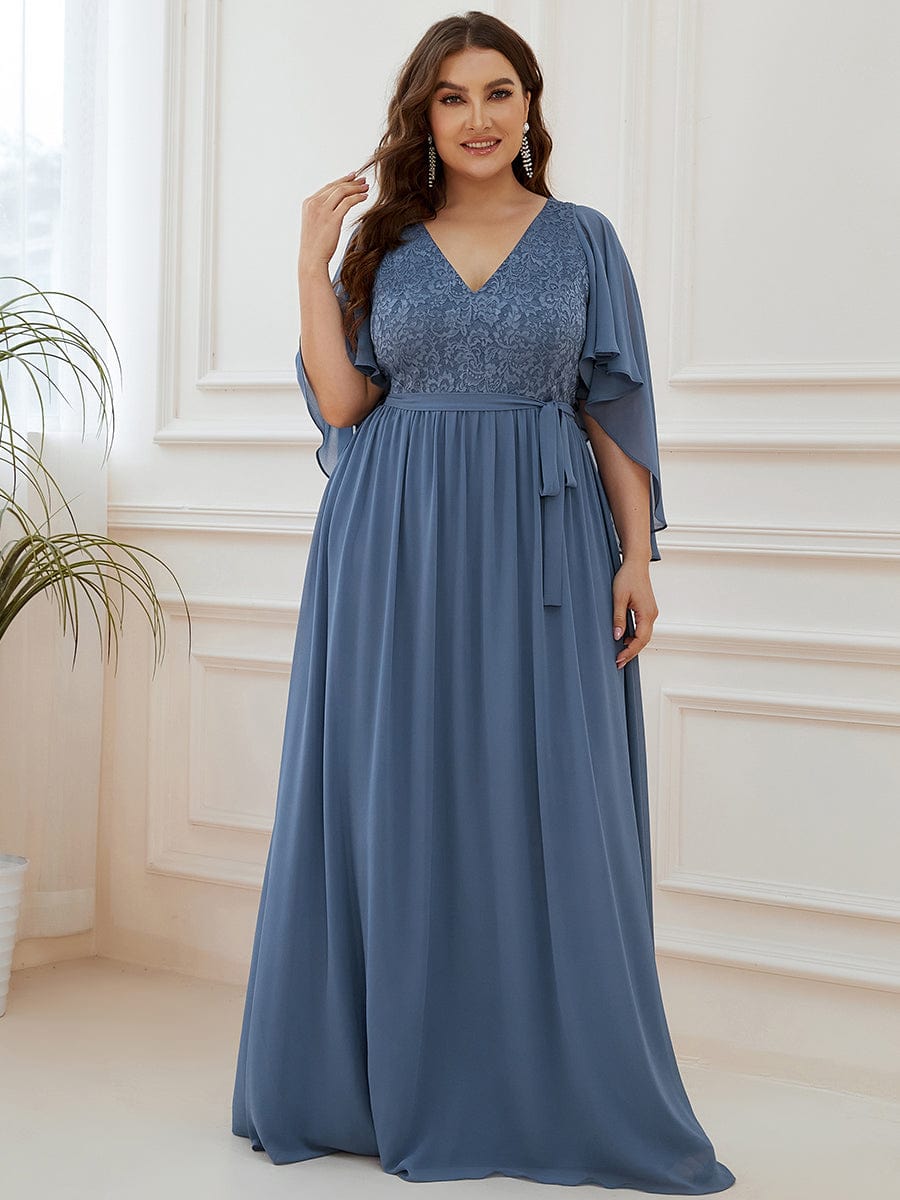 Plus Size Deep V Neck Lace Bodice Long Flowy Evening Dress #color_Dusty Navy 