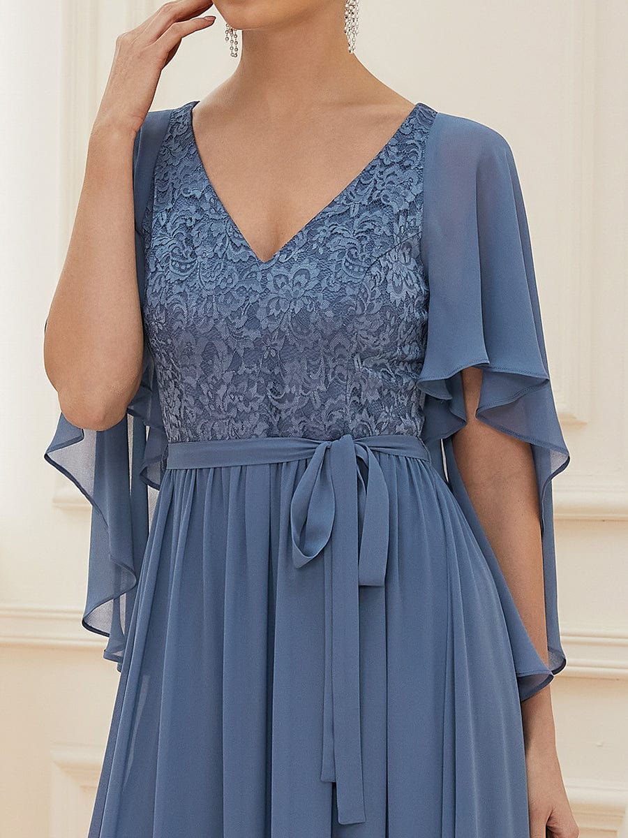 Deep V Neck Lace Bodice Long Flowy Evening Dress #color_Dusty Navy 