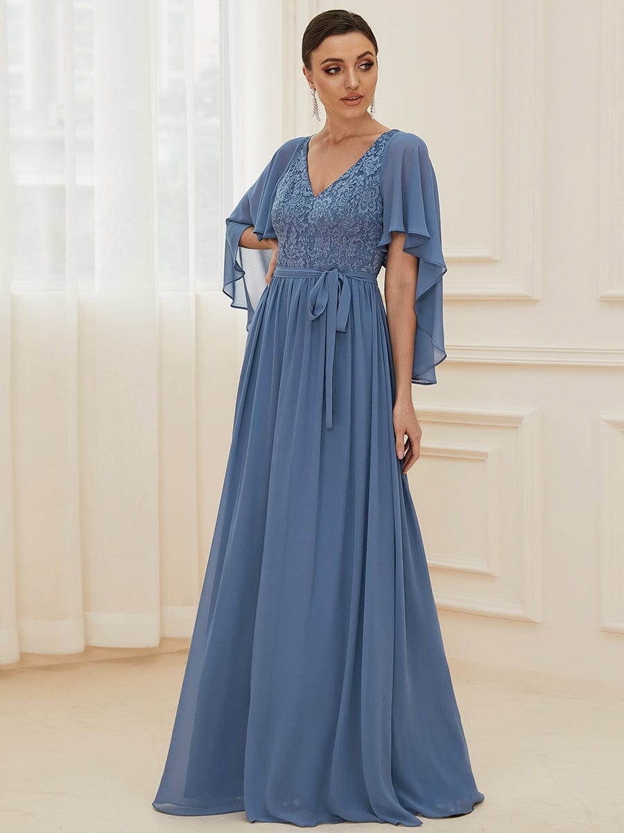 Deep V Neck Lace Bodice Long Flowy Evening Dress #color_Dusty Navy 