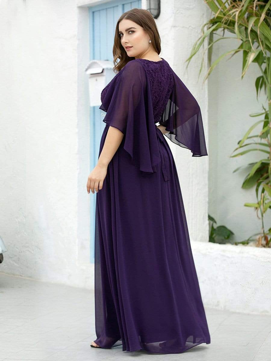 Custom Size Deep V Neck Lace Bodice Long Flowy Evening Dress #color_Dark Purple 