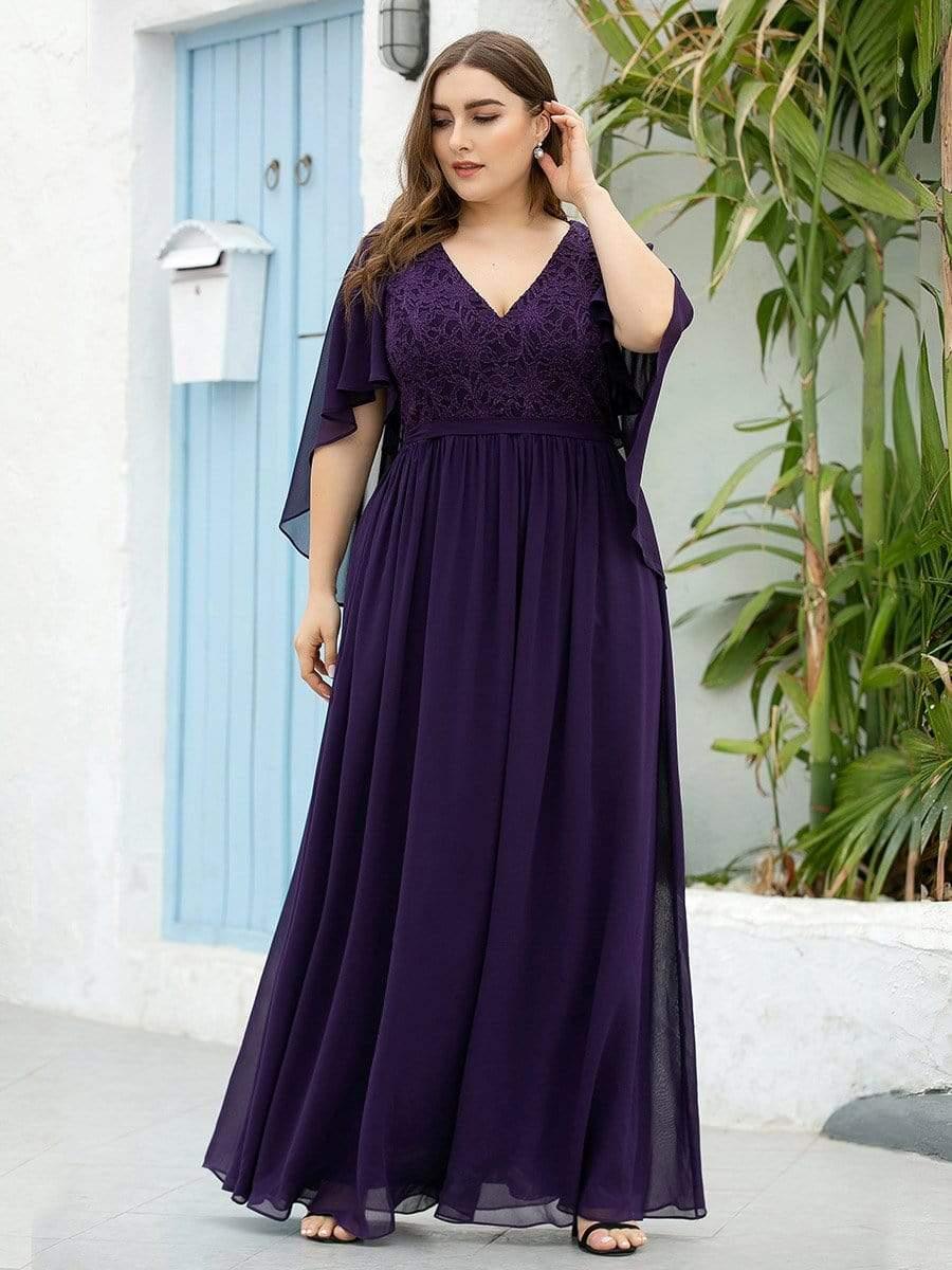 Plus Size Lace Bodice Long Flowy Evening Dress with Deep V Neck Ever Pretty US