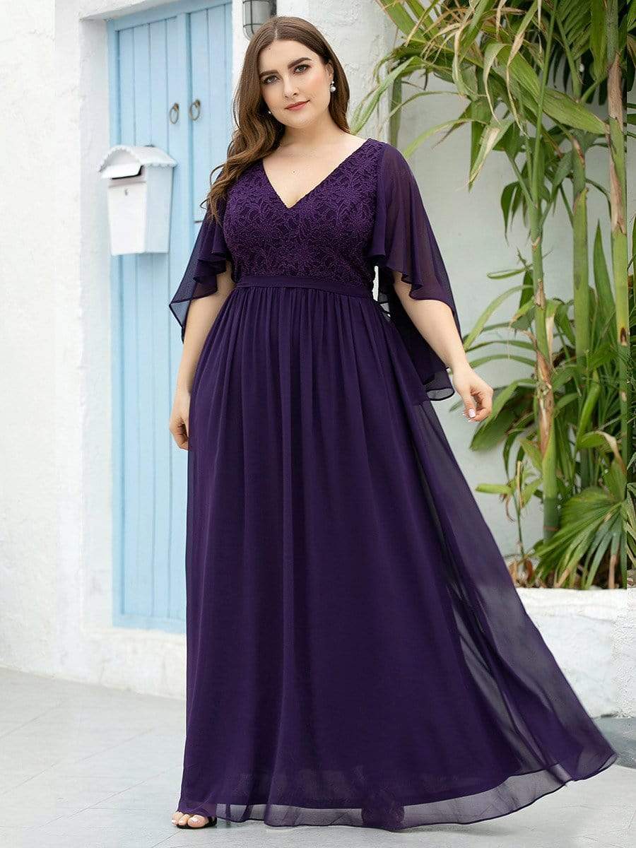 Custom Size Deep V Neck Lace Bodice Long Flowy Evening Dress #color_Dark Purple 