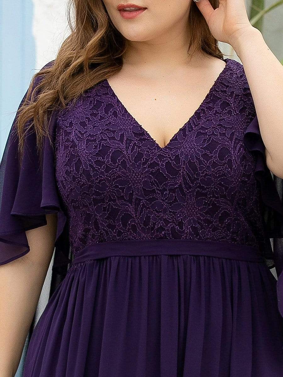 Custom Size Deep V Neck Lace Bodice Long Flowy Evening Dress #color_Dark Purple 