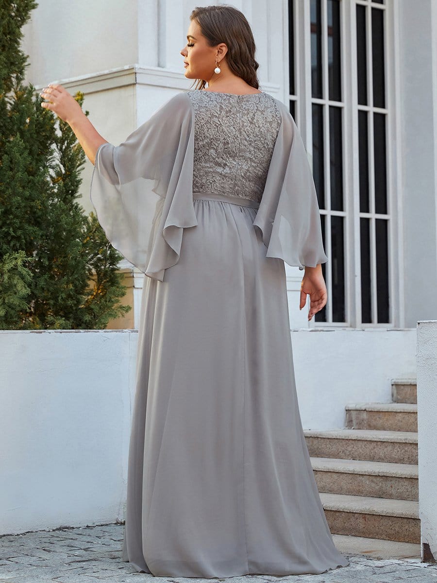 Custom Size Deep V Neck Lace Bodice Long Flowy Evening Dress #color_Grey 